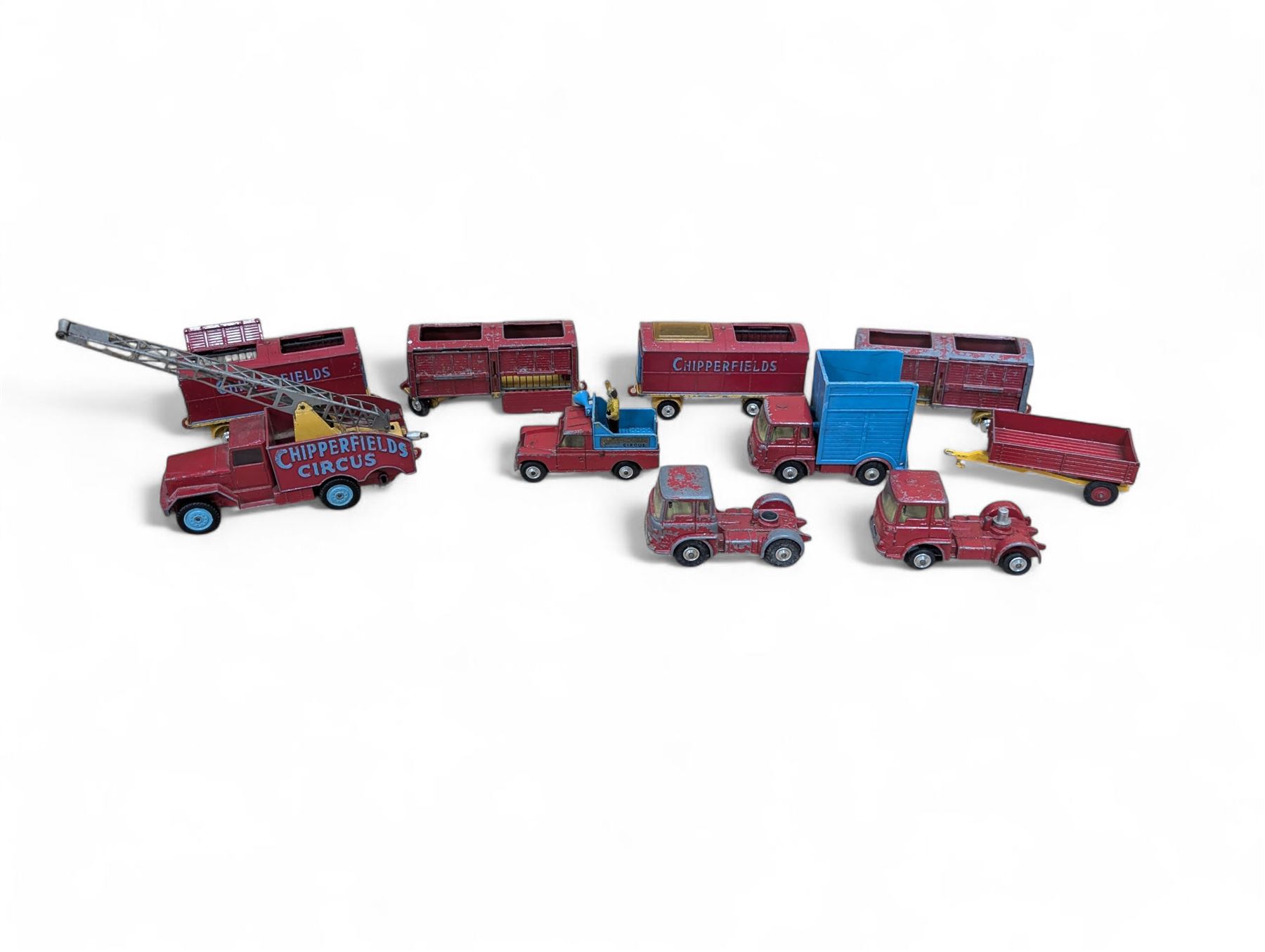 Corgi Major Toys diecast Chipperfields Circus vehicles and similar, comprising International 6x6 Truck, four Circus Animal Cages, Land Rover 109 WB, three Bedford Tractor Units and a Farm Trailer