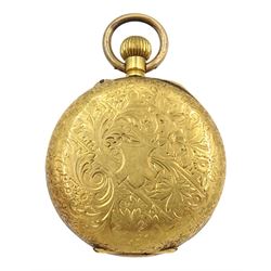 Early 20th century Swiss 18ct gold ladies cylinder fob watch, enamel dial with Roman numerals, stamped 118K with Helvetia hallmark