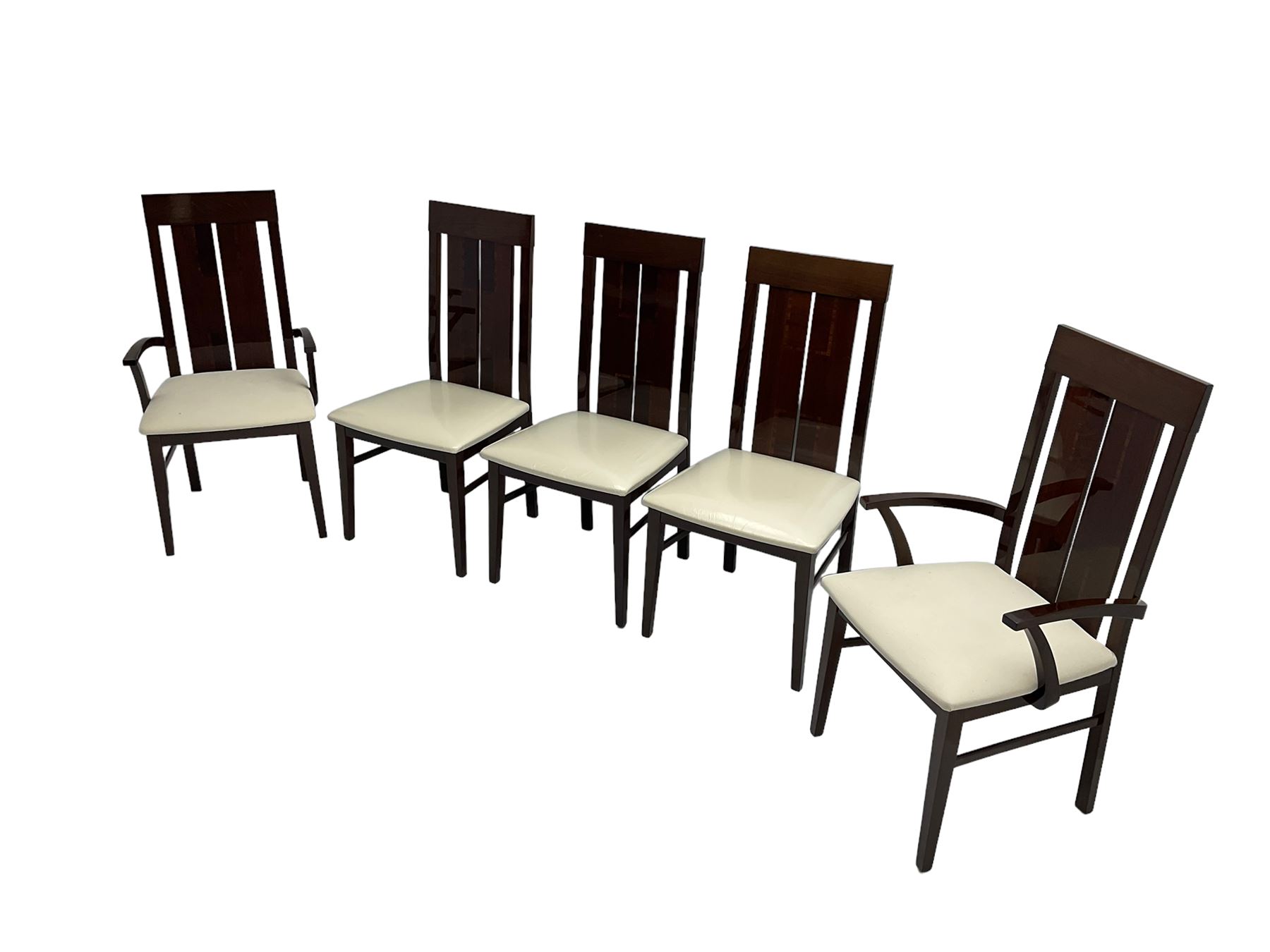 Large American walnut rectangular dining table on square block supports, together with set eight high back dining chairs with cream upholstered seats, the top and chair backs with matching inlaid geometric banding