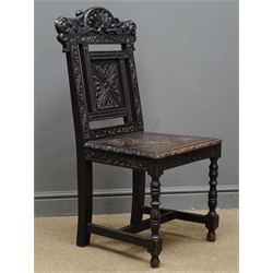  19th century oak hall chair, heavily carved, turned supports, 'C.Pratt & Sons Bradford'  