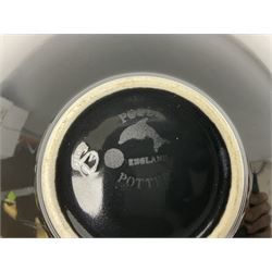 Four pieces of Poole Pottery in Graffiti pattern, comprising pair of vases of baluster form, dish and small plate, with impressed or printed marks beneath, vase H17cm