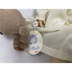 Two Zapf Creation limited edition designer collection dolls, by Brigette Paetsch, the first example with faux suede jacket, red jumper and denim skirt, no. 460, the second example 'Linda' in white dress with teddy bear accessory, no. 785, each signed B Paetsch, tallest L60cm
