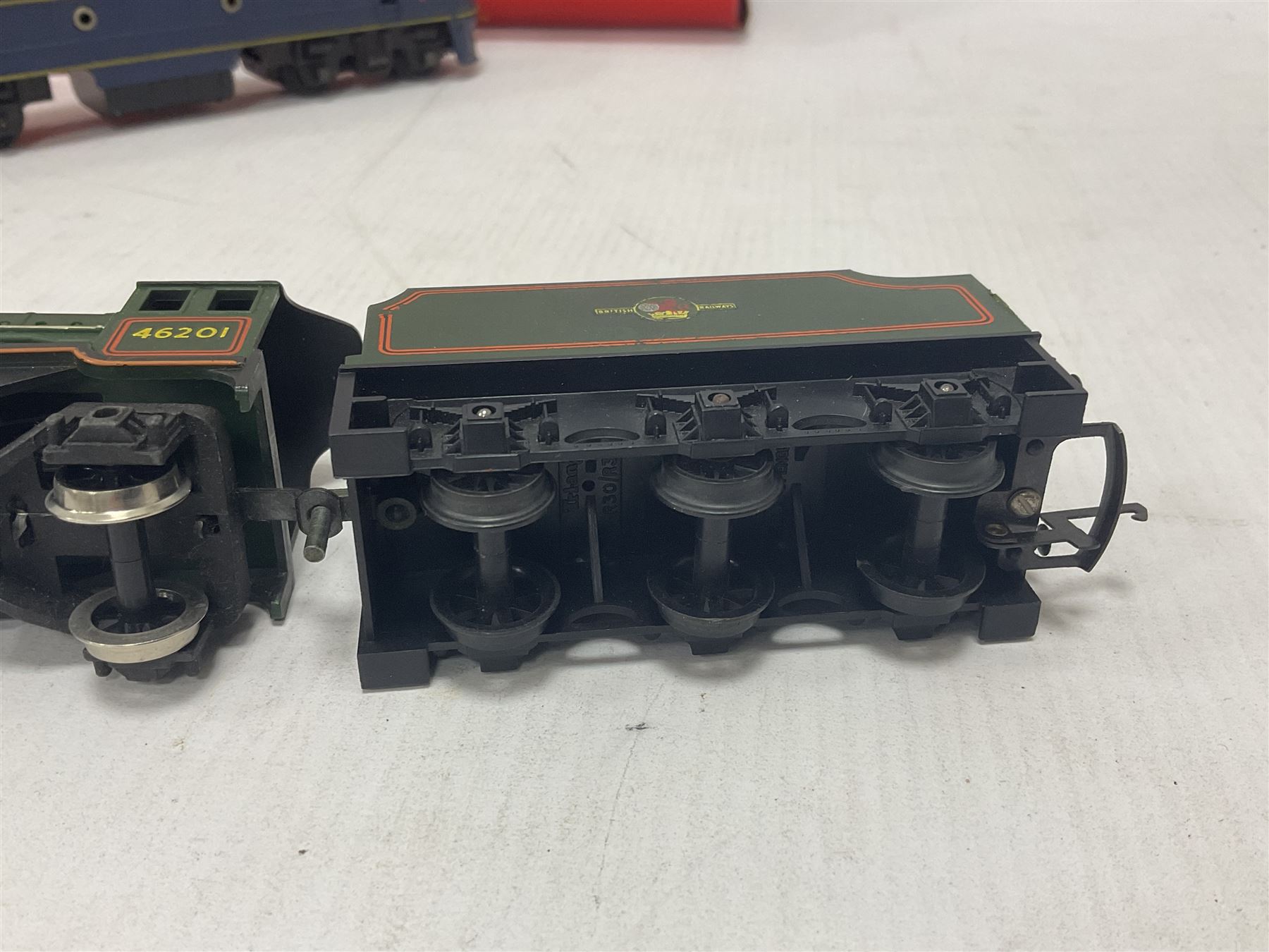 Hornby/Tri-Ang ‘00’ gauge - nine locomotives to include Britannia Class ‘Britannia’ 4-6-2 no.70000 in BR green; Class M7 4-4-0 Tank no.30027 in BR black; Princess Class ‘Princess Victoria’ 4-6-2 no.46205 in BR black; in original boxes; further loose models Princess Class ‘Princess Elizabeth’ 4-6-2 no.46201 in BR green; Class 3F 0-6-0 tank no.7606 in LMS crimson; TR double ended diesel locomotive; three further tank locomotives and one loose tender (10) 