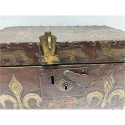 20th century box, decorated in faux leather with the royal coat of arms and GR 1719 to hinged cover, with fleur-de-lis, lion, crown and rose motifs throughout and studs to all edges, opening to reveal a purple velvet interior containing three removable wooden trays, H18.5cm