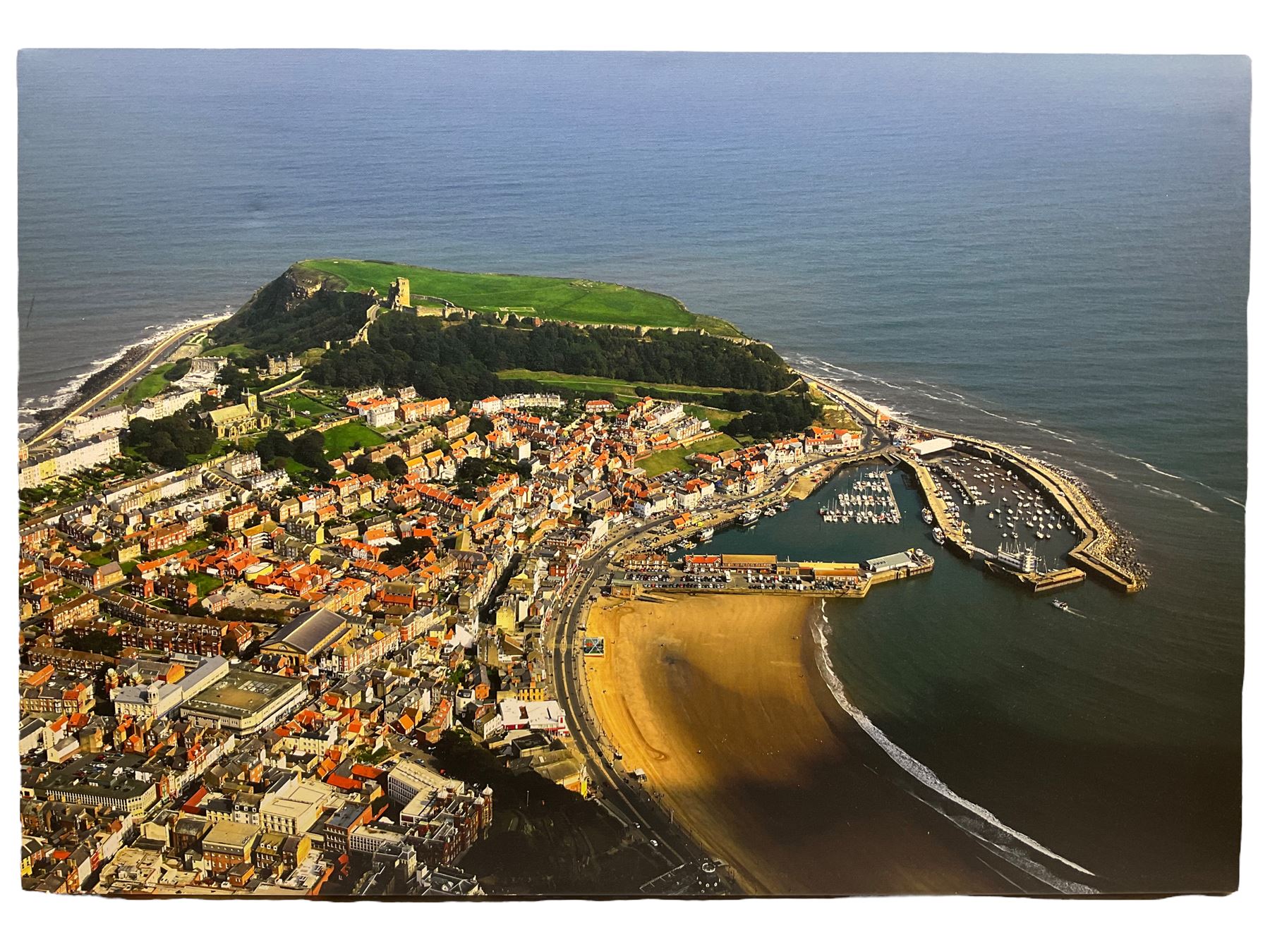 Set five black and white Victorian and later photograph prints of Scarborough on canvas together with a colour photo print of an aerial view of Scarborough max 66cm x 96cm (6)