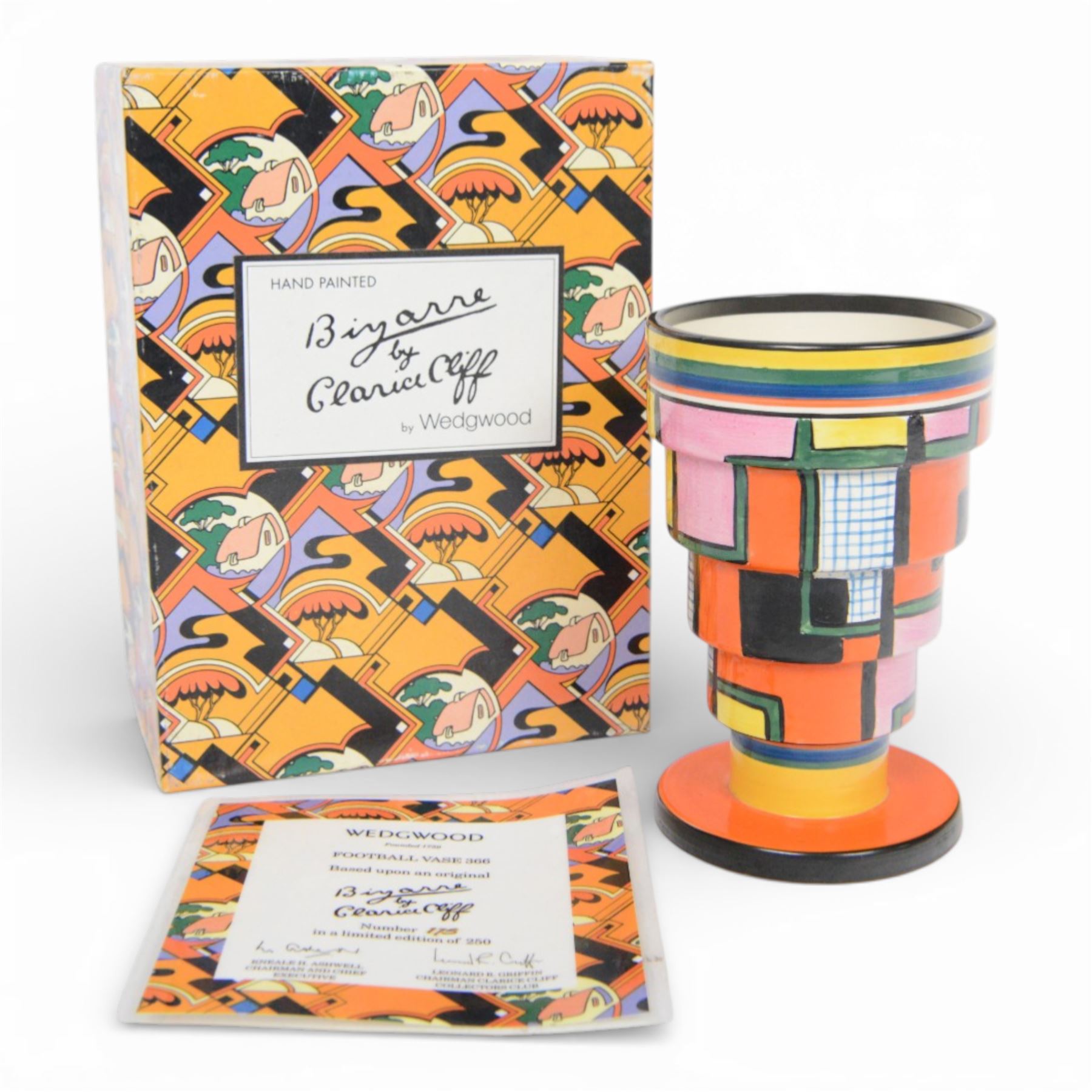Wedgwood Bizarre by Clarice Cliff, Football vase 366, hand painted based upon an original, limited edition 175/250, with certificate and box, H15cm 