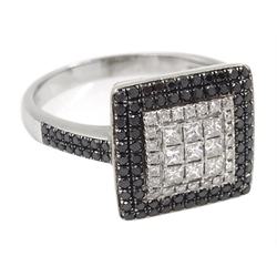  18ct white gold round brilliant cut and princess cut black and white diamond ring, square pave setting, with black diamond shoulders hallmarked, retailed by Grifffin Bridlington  