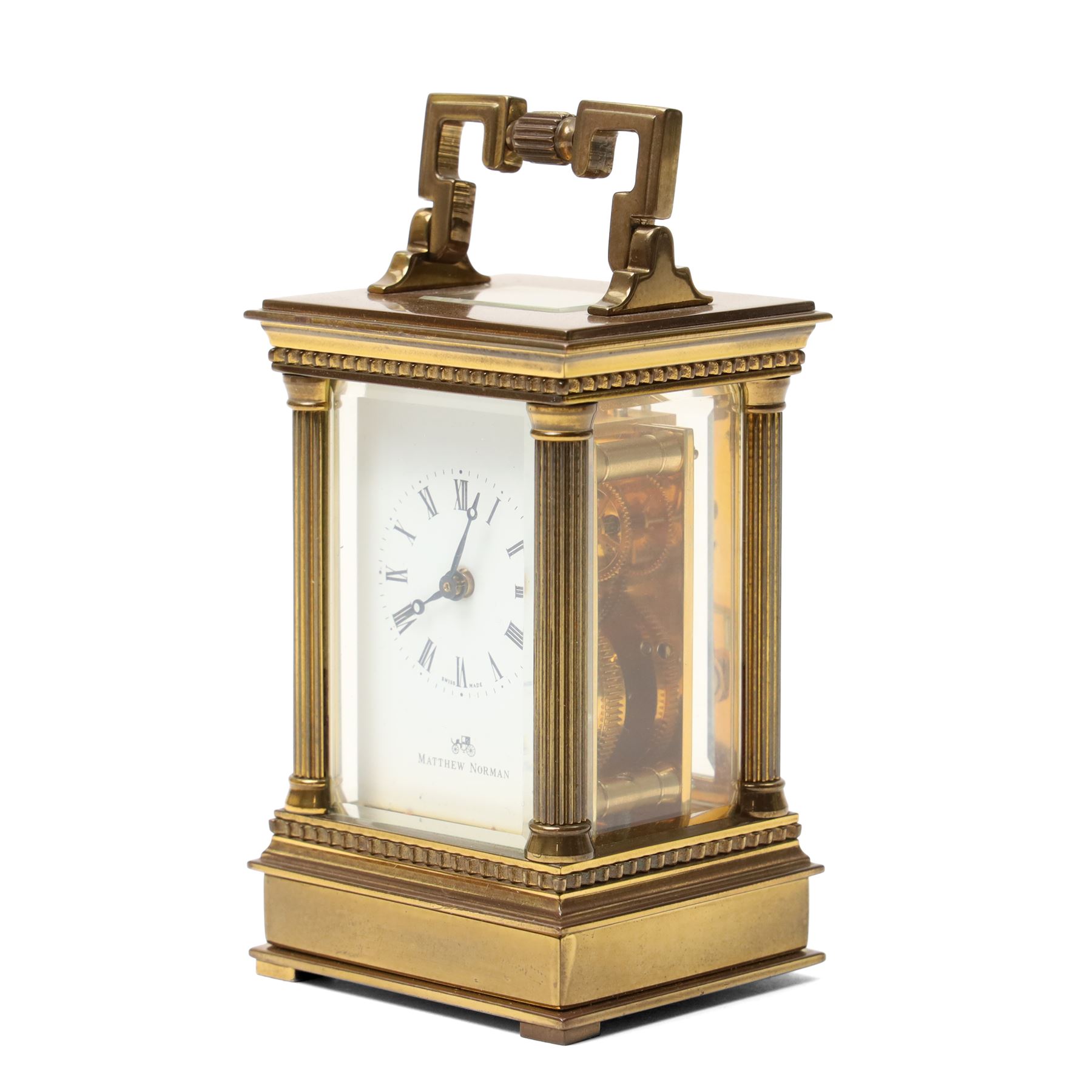 Matthew Norman - Modern repeating carriage clock with Swiss movement, white dial, brass and bevelled glass case H14cm, boxed and a miniature carriage clock by the same maker H9cm, boxed (2) 