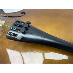 Stentor Student I quarter-size cello with 59.5cm two-piece maple back and ribs and spruce top; bears maker's label with serial no.M076096 L95.5cm overall; in Stentor soft carrying case with bow