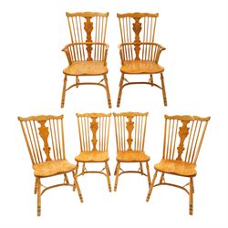 Quality set of six (4+2) golden figured and burr oak Windsor chairs, the yoke-shaped crest...
