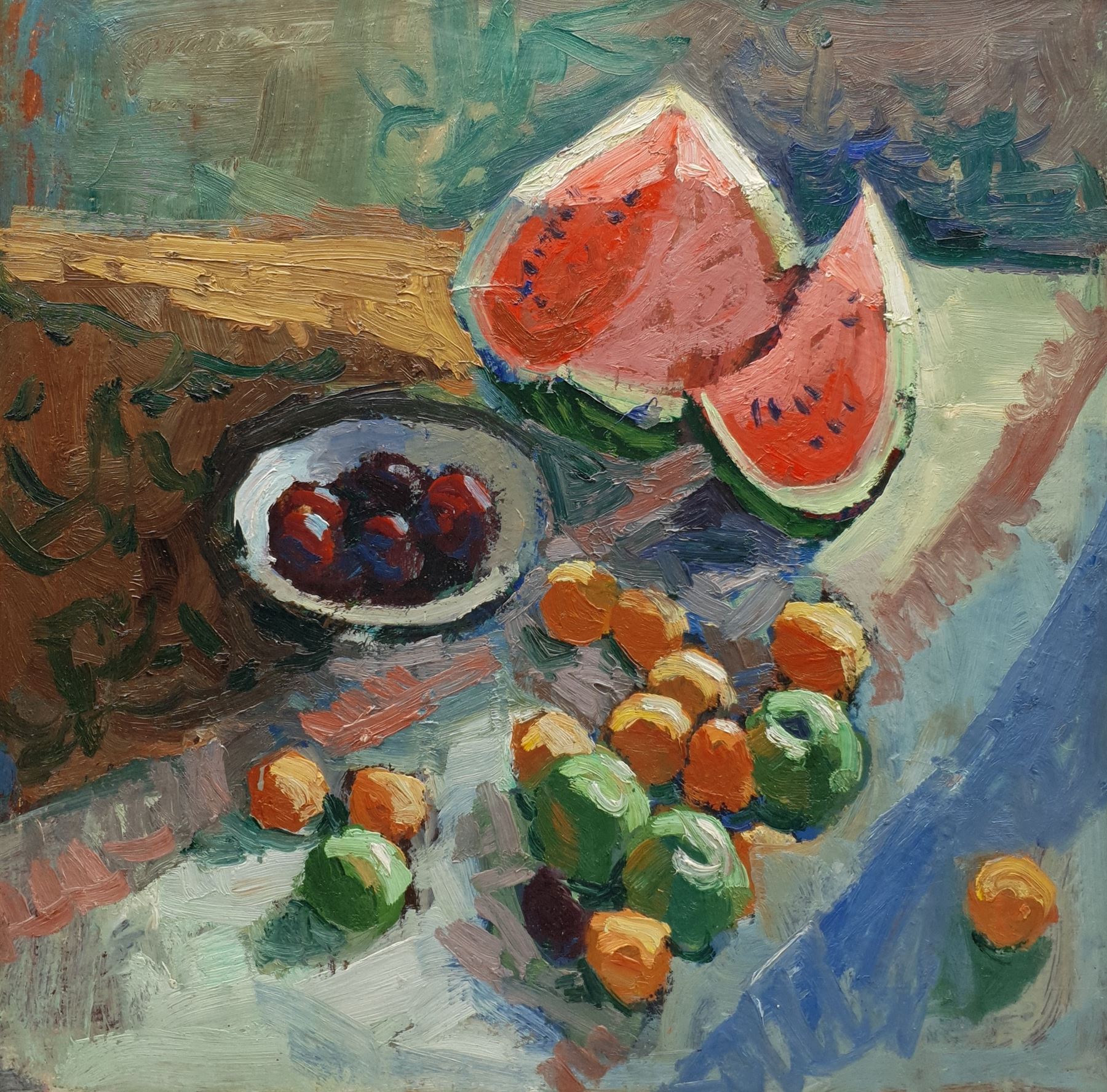 Vladimir Feklyaev (Russian 1947-): Still Life with Watermelon, oil on board signed in Cyrillic and dated 1988 verso 55cm x 55cm