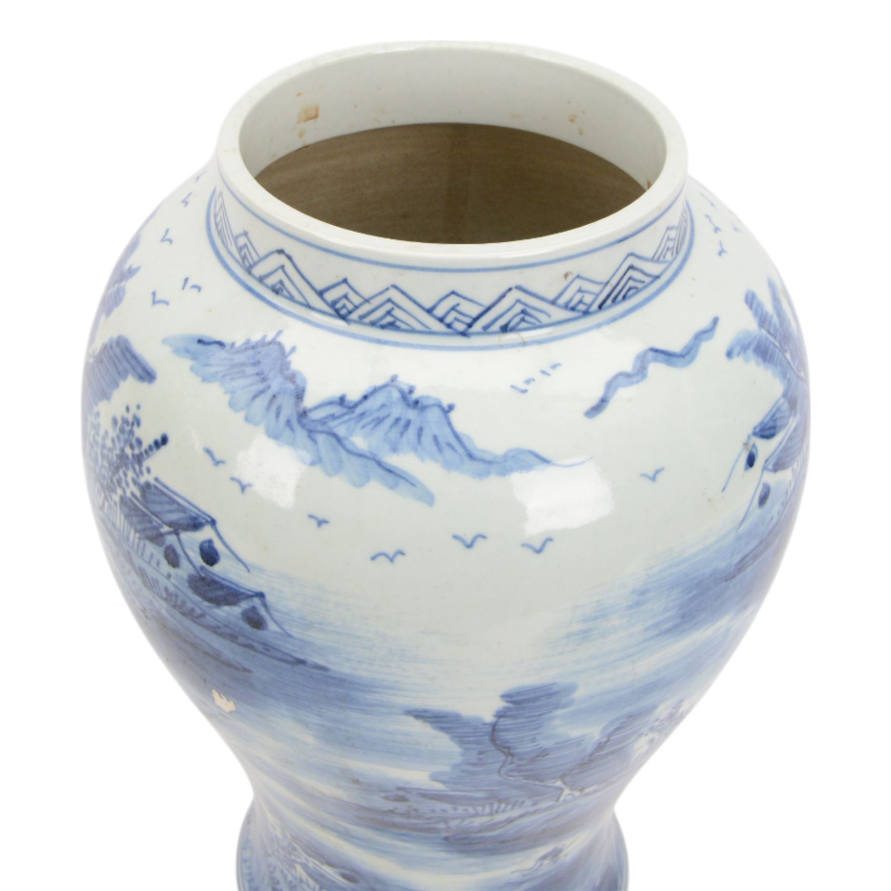 20th century Chinese blue and white jar and cover, of baluster form with domed cover with foo dog finial, decorated with waterside landscape scene with huts upon islands and figures in boats, H45.5cm