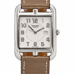 Hermès Cape Cod ladies stainless steel quartz wristwatch, Ref. CC2.710, white / silvered dial with Arabic hour markers, on taupe leather strap, boxed with guarantee dated 2011