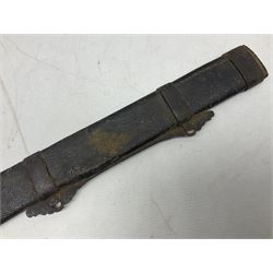 Chinese Boxer Rebellion Period Sword, 69.5cm heavy curved single edge blade with single narrow fuller, plain iron dished circular guard, iron pommel and ferrule with plaited cord bound grip; in skin covered wooden scabbard with iron chape and long suspension mount L95cm overall