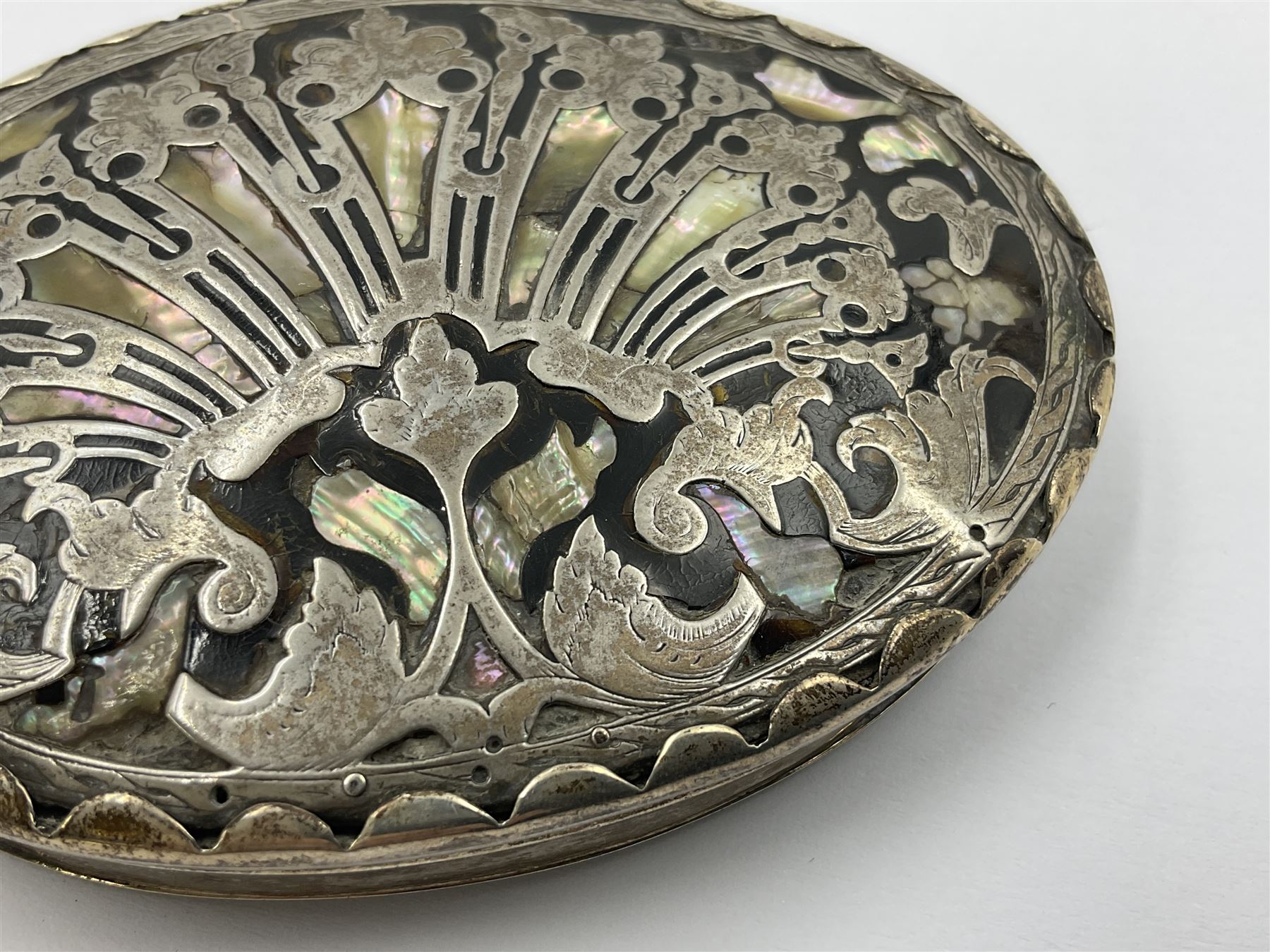 18th century silver plated oval snuff box with tortoiseshell lid inlaid with silver and mother of pearl 