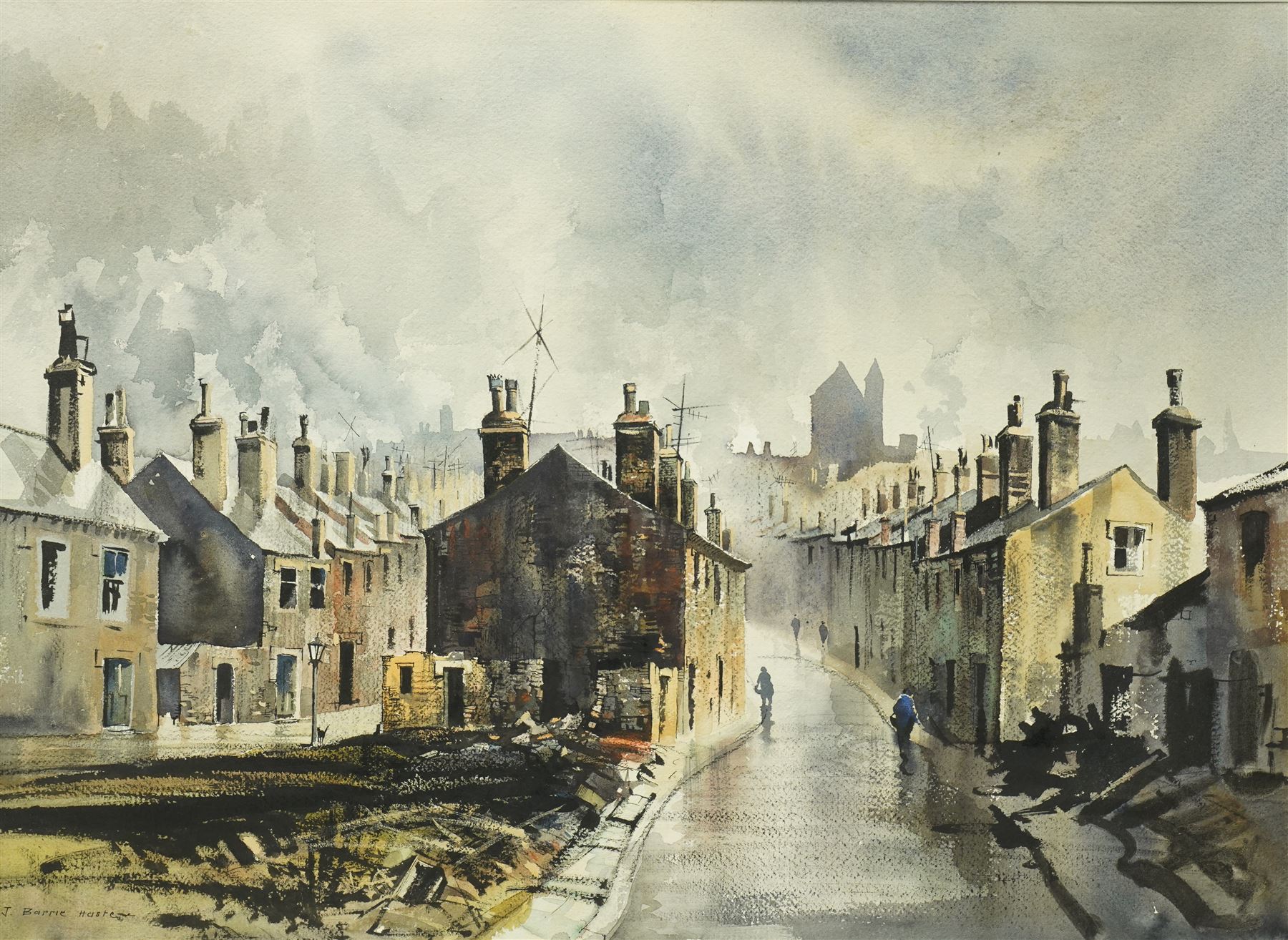 John Barrie Haste (British 1931-2011): Northern British Townscape with Figures, watercolour signed 47cm x 65cm