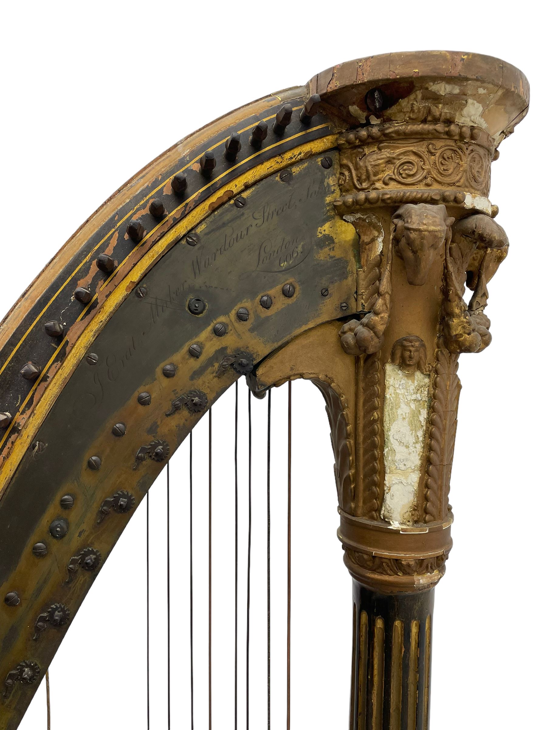 J. Erat. Wardour Street, London, Soho - Regency parcel-gilt and rosewood finish pedal harp, forty-three strings and five swell doors, the fluted pillar decorated with rams head capital, floral festoons, anthemion motifs and sarcophagi, the base decorated with pharaonic motifs and fitted with eight brass pedals, on carved paw feet, brass signature plate to top inscribed 'J. Erat. Wardour Street, London, Soho, 606'