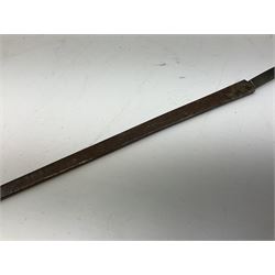 Patinated 'bronze' fantasy dagger, the 26cm blade, hilt and scabbard cast with dragons L50cm overall; hand forged iron spearhead L29.5cm; and a stiletto blade (3)