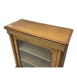 Victorian inlaid walnut pier display cabinet, moulded rectangular top over cavetto frieze, the moulded upright inlaid with scrolling foliage, fabric lined interior fitted with two shelves enclosed by single glazed door, on moulded plinth base 