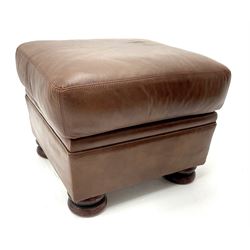 Three seat studded tan leather sofa, scrolling arms, turned supports (W190cm) with matching two seat (W155cm) armchair (W100cm) and footstool 