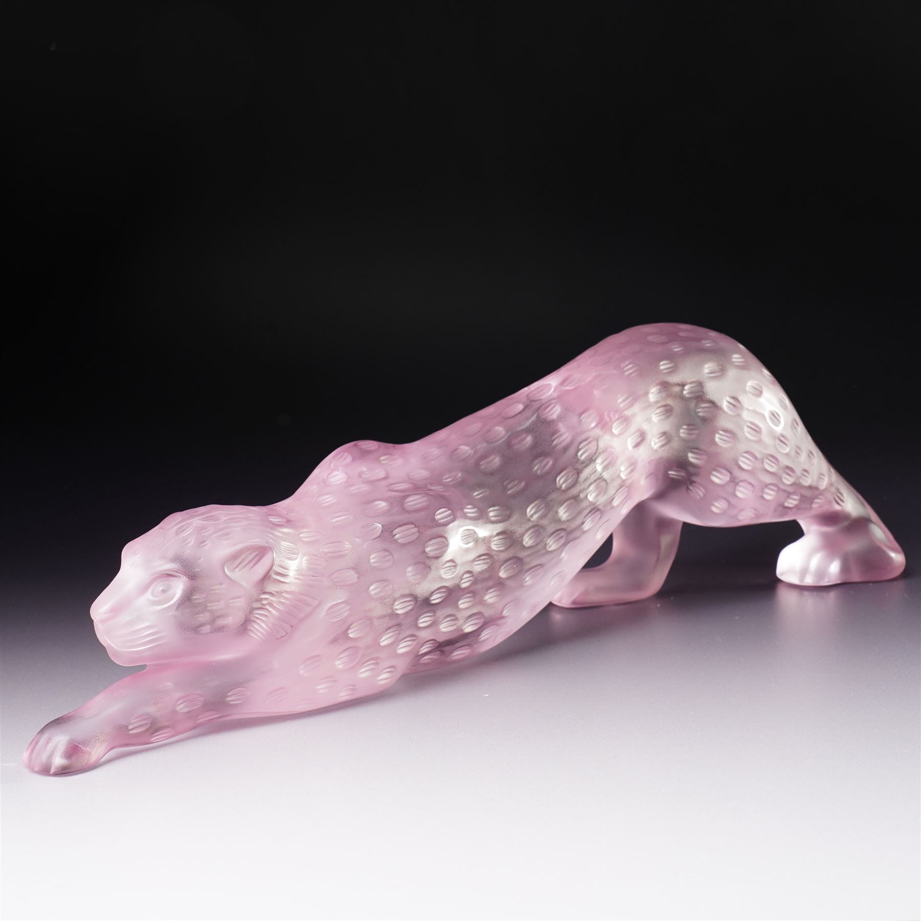 Lalique frosted and clear pink glass model 'Zeila Panther' designed by Marie-Claude Lalique signed 'Lalique France' L34cm with guarantee etc in original Lalique pink box