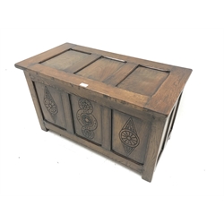 20th century panelled oak blanket box, carved detail to front, W91cm, D45cm, H52cm
