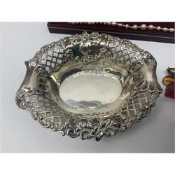 Victorian silver bon bon dish, with pierced decoration, hallmarked together with a pearl three row bracelet, with gold plated clasp and a glass bead bracelet on gilt metal chain