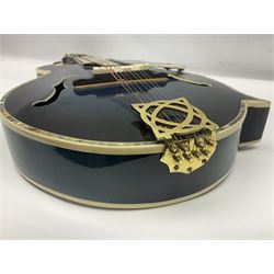 Eastern eight-string F-hole mandolin with blue sunburst finish and mother-of-pearl inlay of flowers and birds L69cm