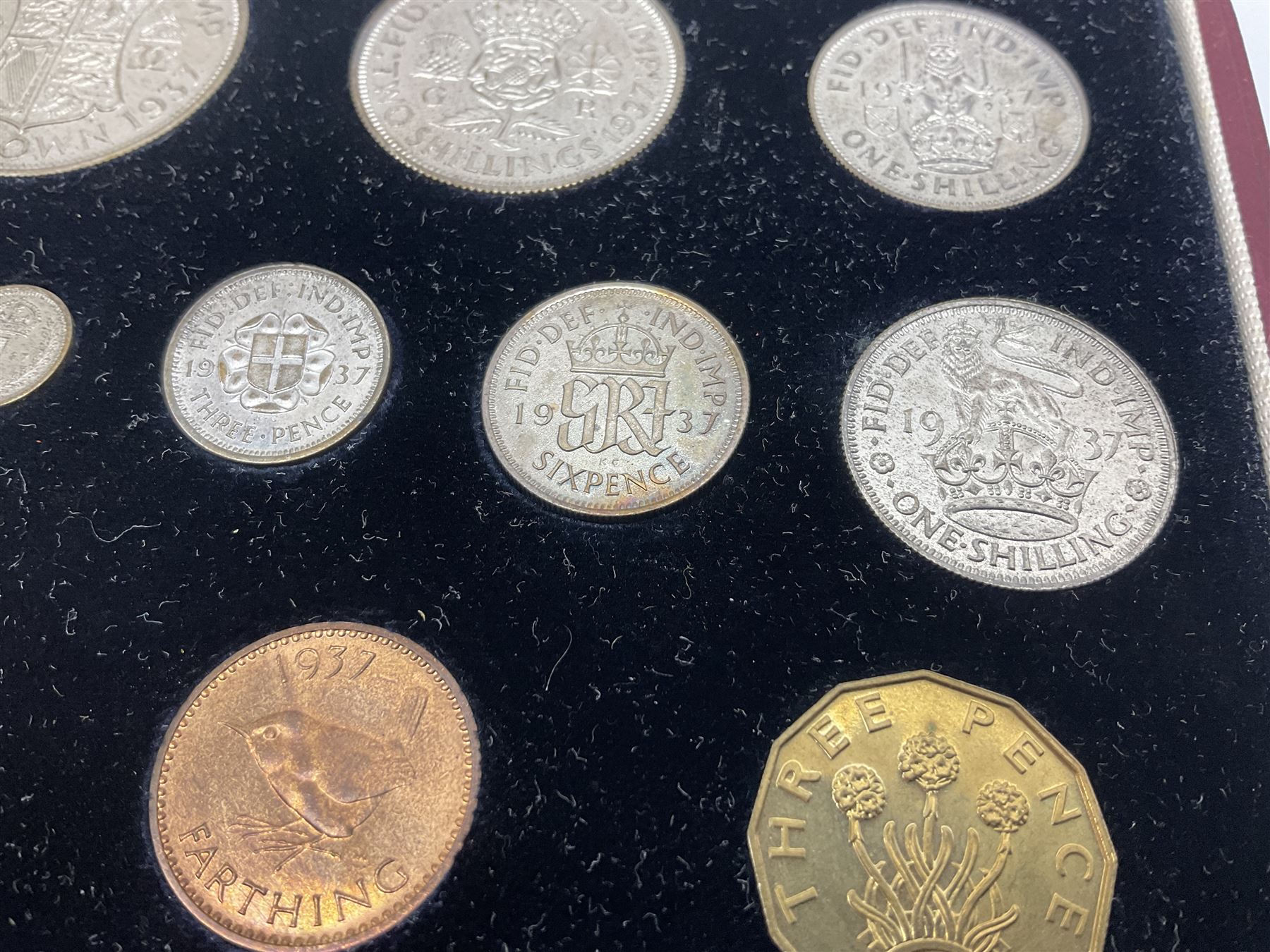 King George VI 1937 specimen coin set, fifteen coins from farthing to crown including Maundy money, in the original case