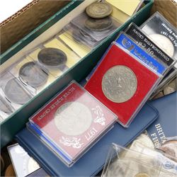 Quantity of Great British and World coins, including commemorative crowns, 'Britain's First Decimal Coins' sets in blue wallets, commemorative crowns, Queen Victoria and later pennies, other pre-decimal coinage etc
