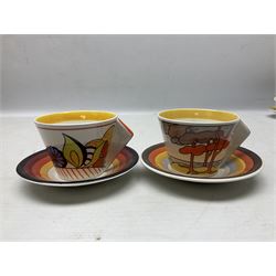 Wedgwood limited edition Clarice Cliff Design Taking Tea collection, comprising eight cups and saucers Honolulu, Apples, Gibraltar, Lilac Crocus, Trees and House, Coral Firs, Devon, and Sunray, with certificates of authenticity 