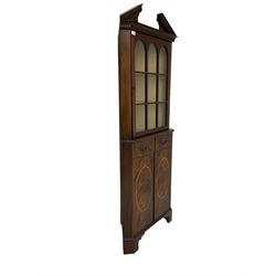 Georgian design inlaid mahogany corner cabinet, broken dentil pediment over single glazed door enclosing two shelves, base fitted with two doors with faux drawer facias