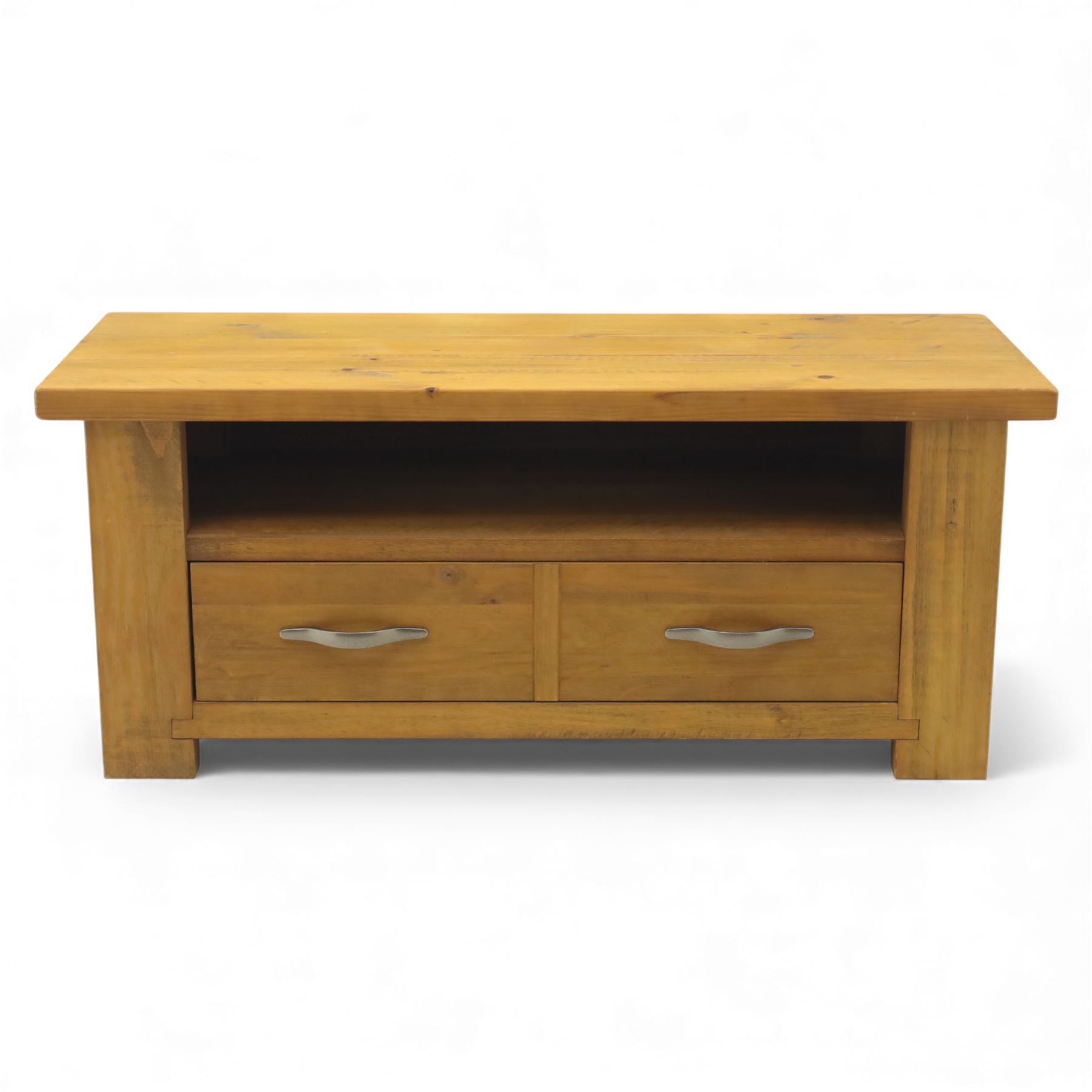 Contemporary pine television stand, with rectangular moulded top above an open shelf, fitted below with two drawers with brushed metal handles, plain sides, raised on square block fee