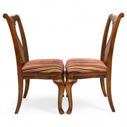 Willis & Gambier - mahogany extending dining table, rectangular top with rounded corners on cabriole legs, with two 35cm extension leaves, four Willis & Gambier upholstered high back chairs and four mahogany chairs, upholstered in a stripped multi-coloured velvet fabric, with scroll-shaped top rail, lyre-shaped back splat on cabriole legs, chairs W46xD91x97cm (11) 
