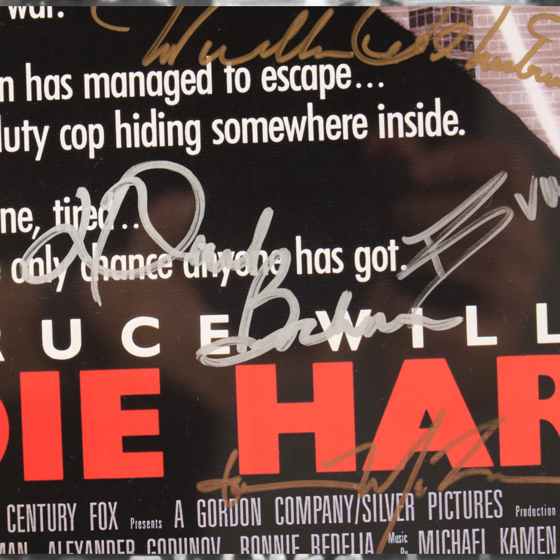 Die Hard (1988) cast signed movie poster, signatures to include Bruce Willis, Bonnie Bedelia, Reginald VelJohnson, William Atherton, Hart Bochner, James Shigeta, Alan Rickman, Bruno Doyon, Andreas Wisniewski and John McTiernan, framed with certificate of authenticity from RICA verso, frame H57cm, W42cm