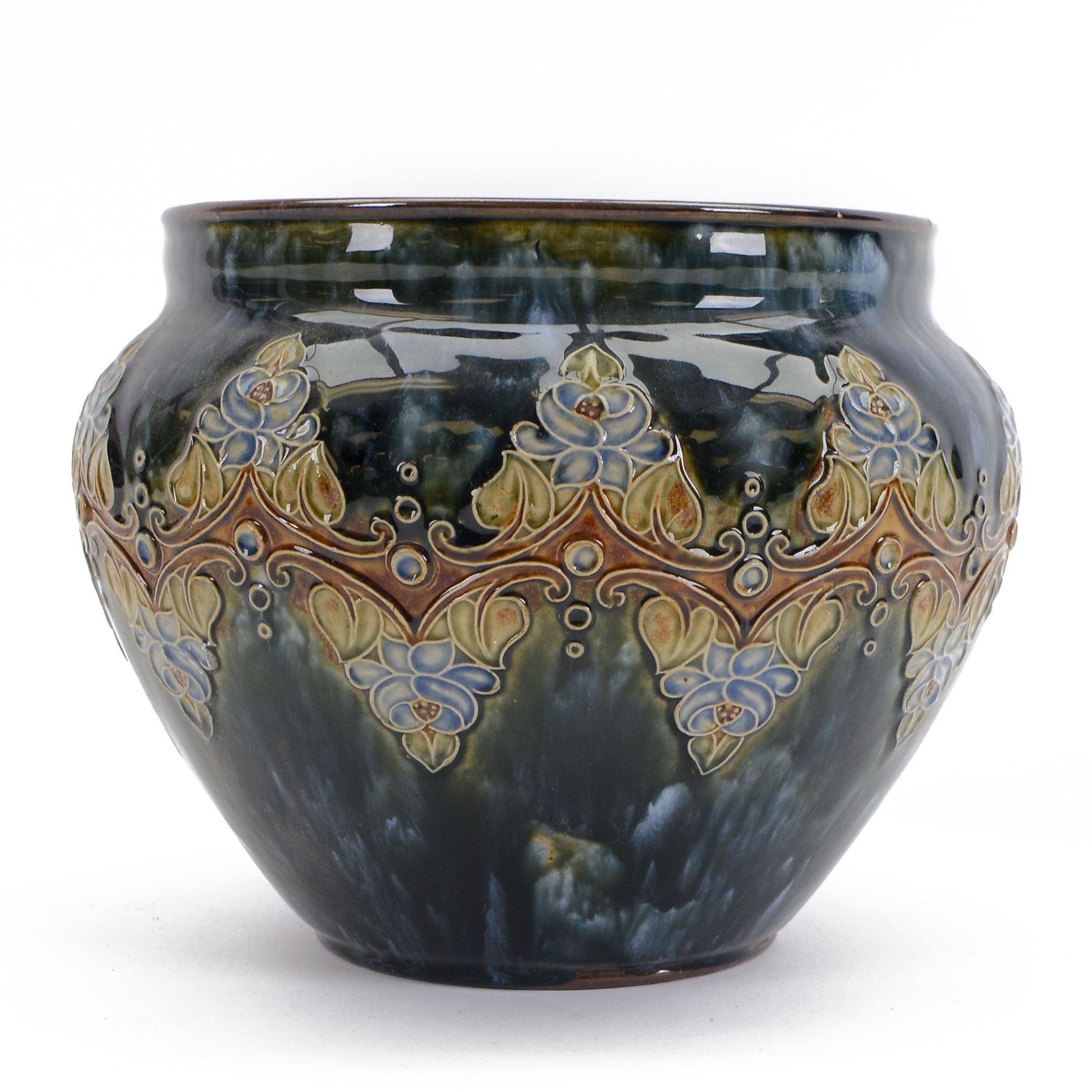  Royal Doulton jardiniere, decorated with repeating foliate boarder on a mottled blue green ground, H19cm