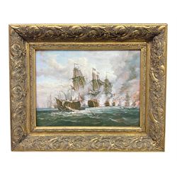 After Jacob ******* (20th century): naval sea battle between British and French men-o-war, textured colour print on canvas 29 x 39cm, heavy ornate gilt frame