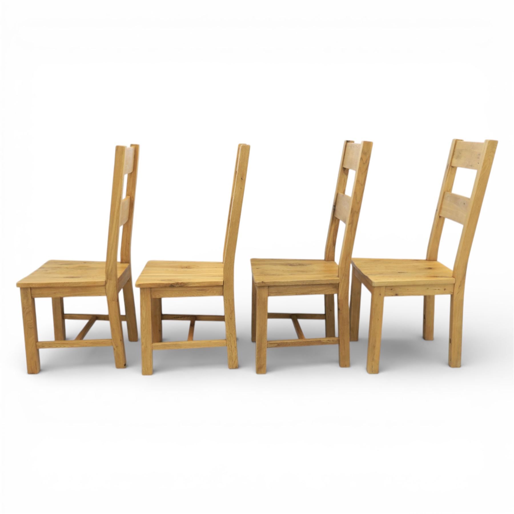 Modern light oak rectangular dining table, and eight high back chairs, stowable leaves extending to 270cm