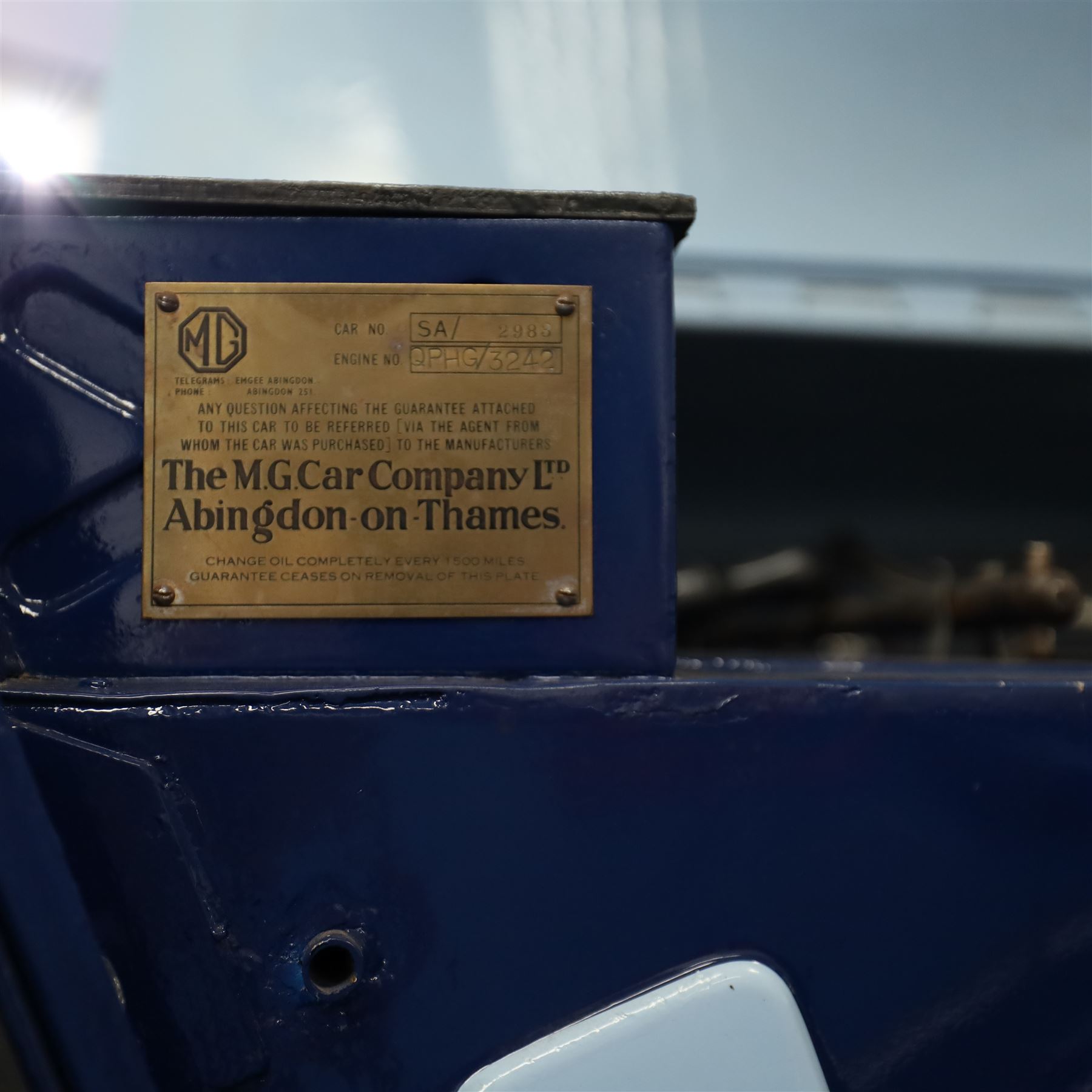 1939 MG SA Saloon

Registration: GRB 988
Chassis number: SA2983
Engine number: QPHG3242 (original engine)
Engine: 2,322cc six-cylinder petrol
Transmission: Manual
Odometer reading: 71,873 miles
Seating: Five
Colour: Two-tone blue
Former keepers: 6/7 recorded
V5C: Present
Keys: One

A 1939 MG SA Saloon, finished in an attractive two-tone blue colour scheme and retaining its original UK registration, GRB 988.

Introduced in 1936, the MG SA was the marque's prestigious sporting saloon, combining elegant coachwork with refined six-cylinder performance and luxurious accommodation. This example retains its original 2,322cc engine, numbered QPHG3242, and displays 71,873 miles on the odometer, although this mileage has not been independently verified.

The car is understood to have undergone an extensive rebuild and restoration between 2010 and 2015 and is today presented in showroom condition throughout. The coachwork has an excellent finish, complemented by outstanding chrome brightwork, wire wheels, a rear-mounted spare wheel, folding rear luggage rack and a desirable folding canvas sunroof. The engine bay is immaculately detailed, while the underside, chassis and suspension all reflect the high standard of restoration undertaken. A stainless-steel exhaust system has also been fitted.

The luxurious cabin features beautifully finished inlaid wood veneer, leather seating and period instrumentation, all presenting to an exceptionally high standard.

A particularly appealing aspect of this MG SA is its documented participation in the 1952 Daily Express National Motor Rally. Accompanying the vehicle are the original official rally programme together with period photographs showing the car competing in the event displaying entrant number 36. The programme lists entrant No. 36 in Class D.2 as an MG 2322cc, providing excellent documented provenance linking this car to one of Britain's best-known post-war motoring events, held between 12th and 15th November 1952.

Combining documented provenance with exceptional cosmetic presentation, this MG SA represents a rare opportunity to acquire one of MG's flagship pre-war sporting saloons.

At the time of cataloguing the vehicle started and ran well.

Features

• Original 2,322cc six-cylinder engine
• Manual transmission
• Original UK registration
• Two-tone blue coachwork
• Folding canvas sunroof
• Leather interior
• Inlaid wood veneer dashboard and trim
• Wire wheels
• Rear-mounted spare wheel
• Folding rear luggage rack
• Twin carburettors
• Stainless-steel exhaust system
• Extensive rebuild and restoration completed between 2010 and 2015

History and Documentation

• Approximately six to seven former keepers recorded
• Original engine (No. QPHG3242)
• Chassis No. SA2983
• Original UK registration
• Extensive rebuild and restoration completed between 2010 and 2015
• Original 1952 Daily Express National Motor Rally programme
• Period photographs showing the vehicle competing as Entrant No. 36
• V5C registration document not present
• One key

Condition

Presented in exceptional showroom condition, this MG SA has clearly benefited from a high-quality restoration completed to an impressive standard. The paintwork, chrome, interior, engine compartment and underside are all exceptionally well presented, reflecting the considerable work undertaken.

The vehicle started and ran well at the time of cataloguing. It has not been subjected to a full mechanical inspection by the auctioneers, and prospective purchasers should satisfy themselves as to the vehicle's condition, originality, mileage, specification and roadworthiness prior to bidding.

This vehicle forms part of the Estate of the late John Sills and is offered for sale by the Executors, providing a genuine reason for sale.