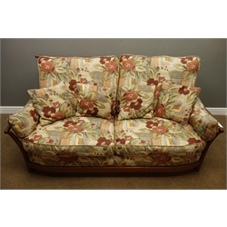  Ercol 'Renaissance' golden dawn elm three piece lounge suite three seat sofa (W195cm), and pair matching armchairs (W92cm), upholstered in floral fabric with scatter cushions   