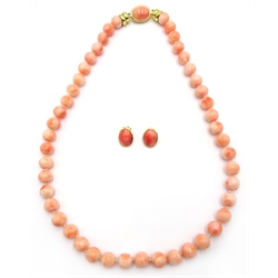  Coral bead necklace and pair of 18ct gold coral clip on ear-rings stamped 750  