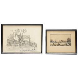 Manner of George Harley (British 1791-1871): 'In Hyde Park', pencil drawing signed S M and dated 12/7/30, 20cm x 28.5cm; English School (Early 20th century): The Orangery' 'The Round Pond' and 'Church Street' - Kensington, set of three etchings signed C K on the plate max 9.5cm x 14cm (4)