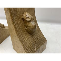 Mouseman; pair of adzed Yorkshire oak bookends, carved 'Fat' mouse signature, by Robert Thompson of Kilburn, H15.5cm