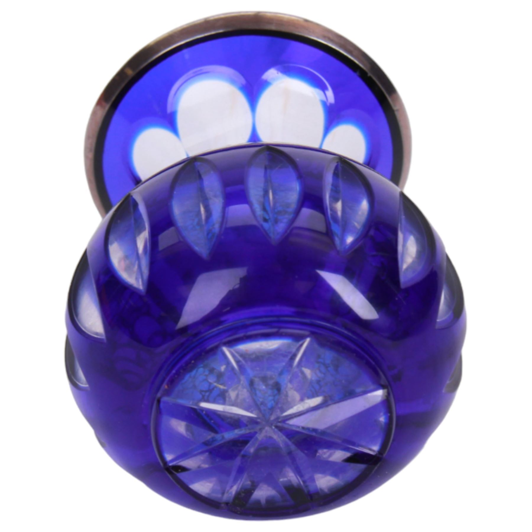 Friedrich Deusch, miniature cut blue glass vase with flared rim, and and silver overlay of foliate sprays, H8cm 