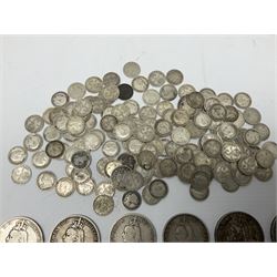 Approximately 400 grams of pre 1920 Great British silver coins including four Queen Victoria crowns, two double florins dated 1889 and 1890, 1887 half crown, various threepence pieces etc and approximately 130 grams of pre 1947 silver coins
