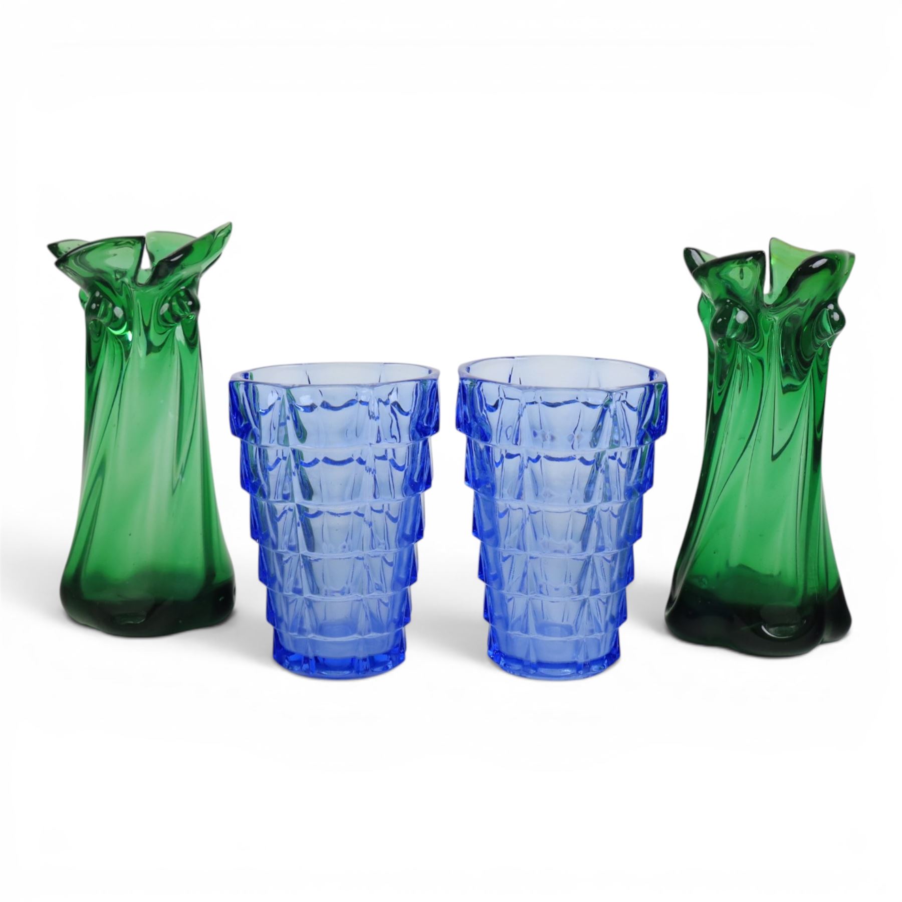 Pair of VLG Lausitzer, Gent blue glass vases, together with a pair of green glass vases, largest H21cm