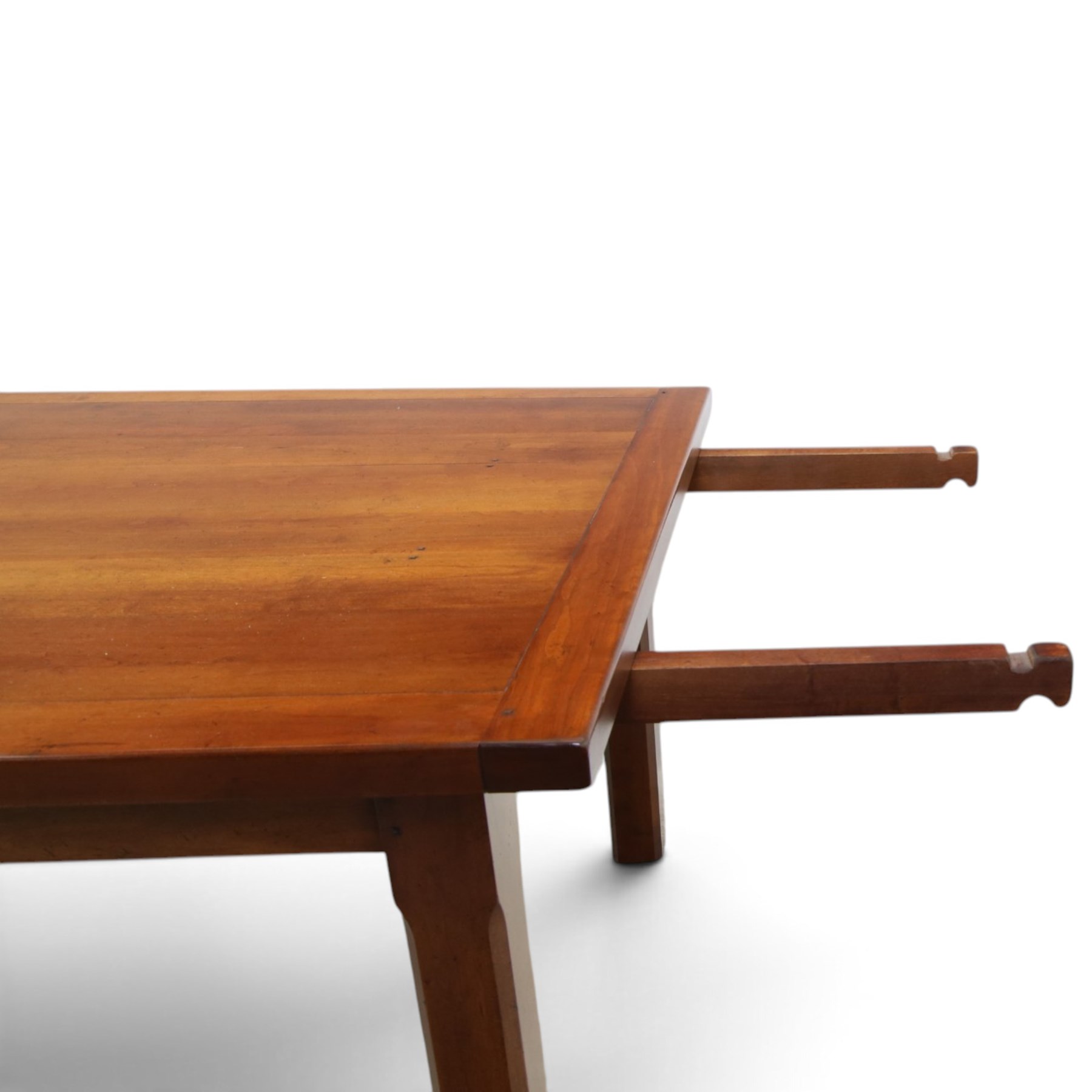 French cherry wood extending dining table, rectangular top on square chamfered supports with two additional leaves; with Batheaston - set of eight cherry wood waived ladder back dining chairs with rush seats (W46cm H98cm)