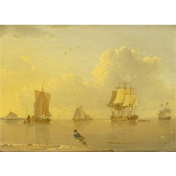  John Ward of Hull (British 1798-1849): 'Vessels Becalmed' & 'Dead Calm', pair oils on panel unsigned, titled and attributed on 19th century labels verso, also each inscribed 'This is the same as No.177 & No.194 (respectively) in the Second Hull and East Riding (of Yorkshire) Exhibition 1829', 14cm x 19cm (2)  