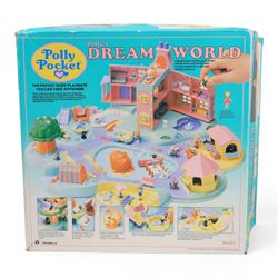 Bluebird Polly Pocket 1991 Dream World playset, with six original dolls and  pig, dog, pony, pink car and yellow canoe accessories, in original box, together with 1996 Bluebird Polly Pocket Magical Movin' Pollyvillle Playset, with five original dolls including magnetic Polly and eight dresses and a boxed 1991 Let's Party Board Game