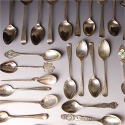Collection of assorted silver teaspoons, souvenir spoons with enamel decoration etc